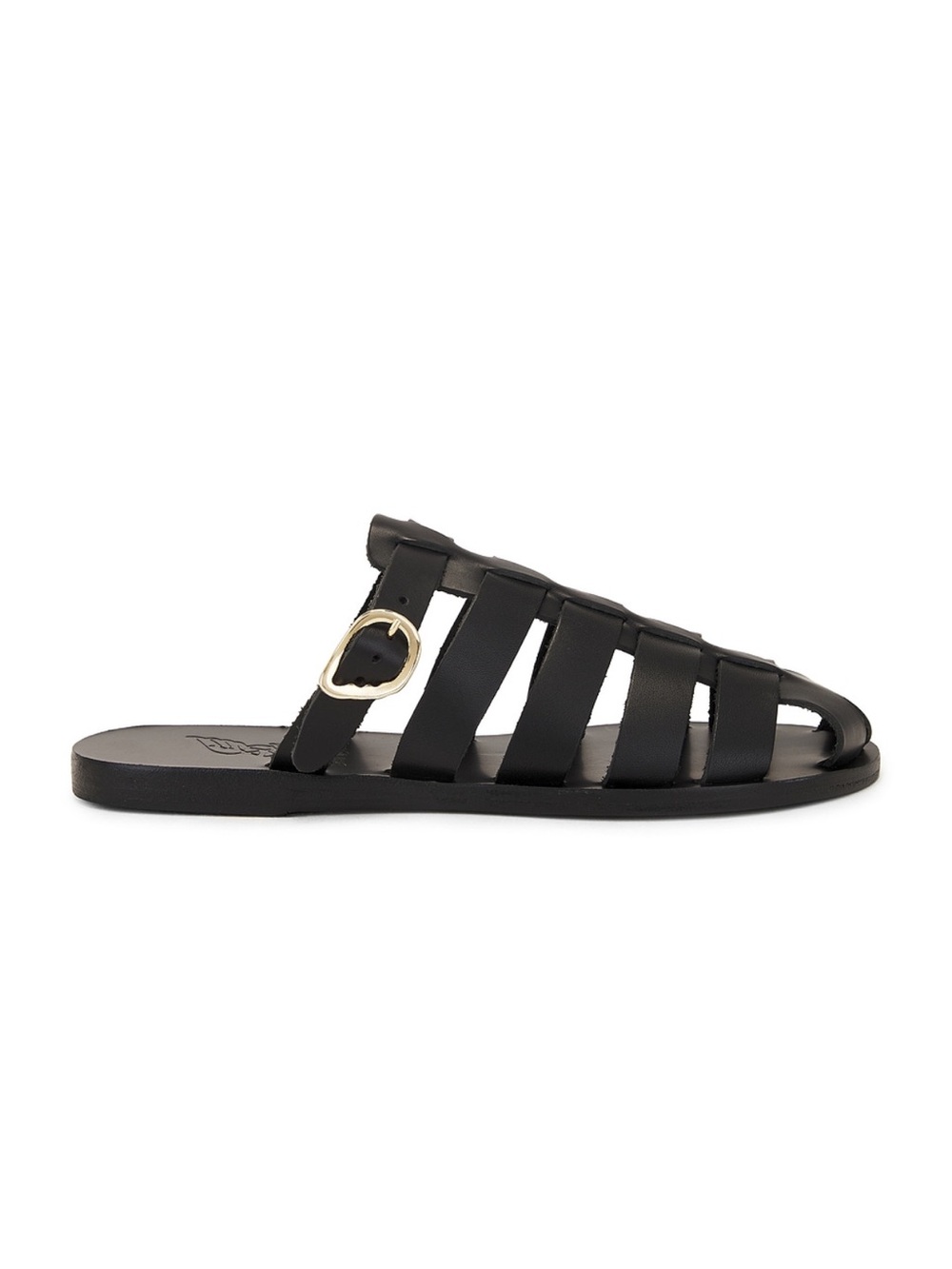 Ancient Greek Sandals cosmia sandal in black Leather Fisherman Slide with Gold